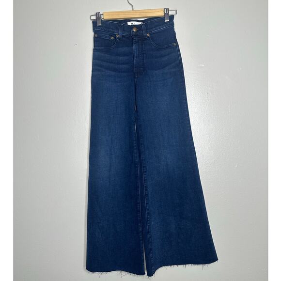 Madewell Flared Wide-Leg Jeans Dark Blue Raw Hem High Rise Stretch Denim 24 - Picture 2 of 9